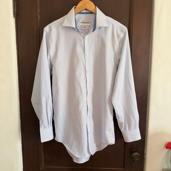 JHANE BARNES | Men's Slim Fit Non-Iron Blue White Striped Button Up Shirt Medium - Picture 1 of 9